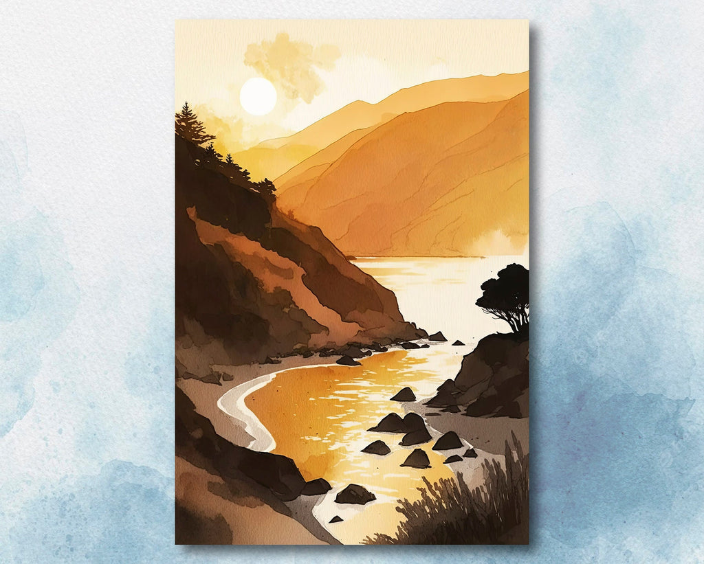 California Big Sur Beach Sunset Art Print Watercolor Ocean Wall Art Coastal Landscape Painting Gift Beach House Decor