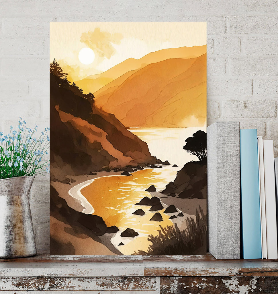 California Big Sur Beach Sunset Art Print Watercolor Ocean Wall Art Coastal Landscape Painting Gift Beach House Decor