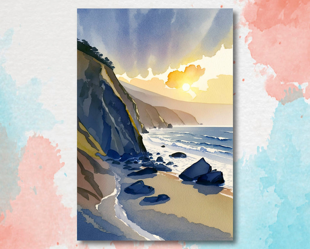 California Big Sur Beach Sunset Art Print Watercolor Ocean Wall Art Coastal Landscape Painting Gift Beach House Decor