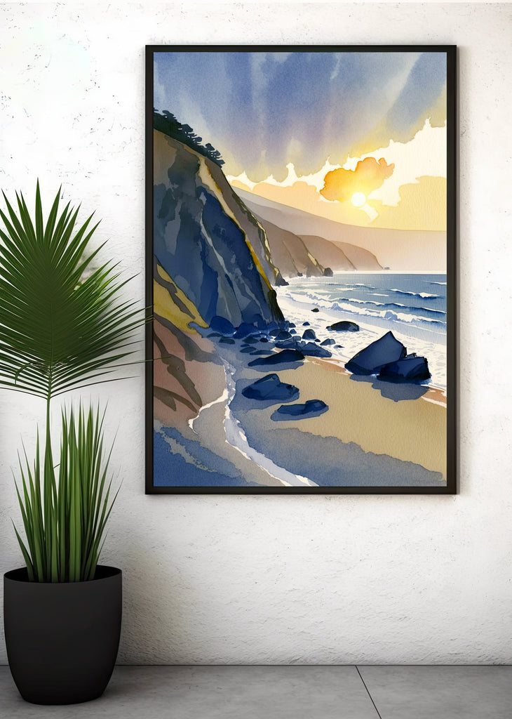 California Big Sur Beach Sunset Art Print Watercolor Ocean Wall Art Coastal Landscape Painting Gift Beach House Decor