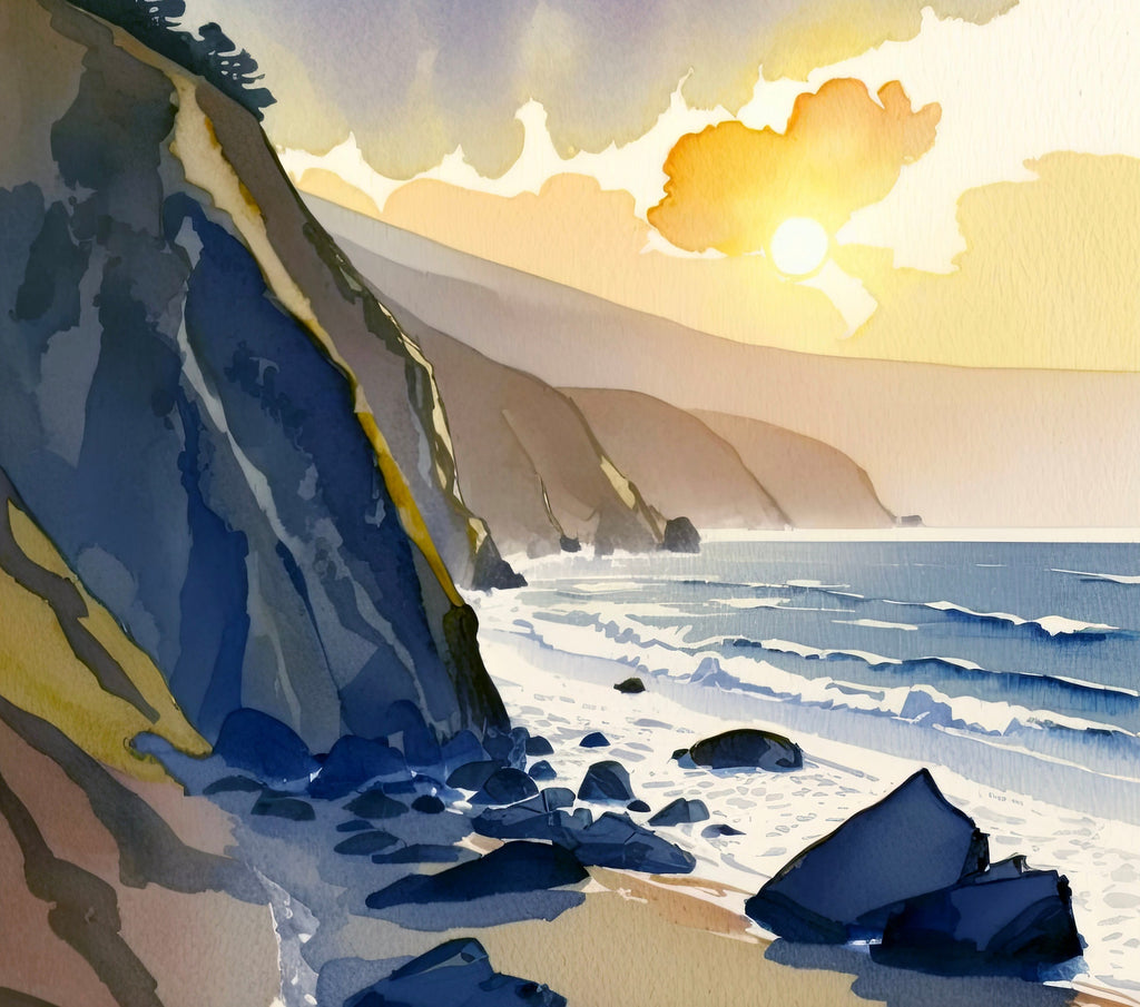 California Big Sur Beach Sunset Art Print Watercolor Ocean Wall Art Coastal Landscape Painting Gift Beach House Decor