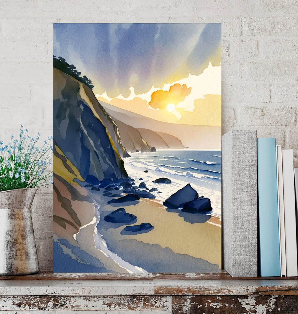 California Big Sur Beach Sunset Art Print Watercolor Ocean Wall Art Coastal Landscape Painting Gift Beach House Decor