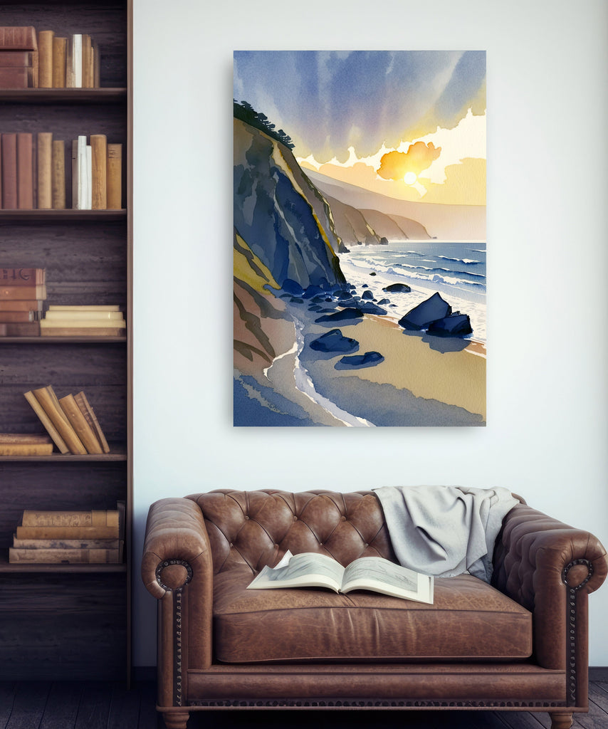 California Big Sur Beach Sunset Art Print Watercolor Ocean Wall Art Coastal Landscape Painting Gift Beach House Decor