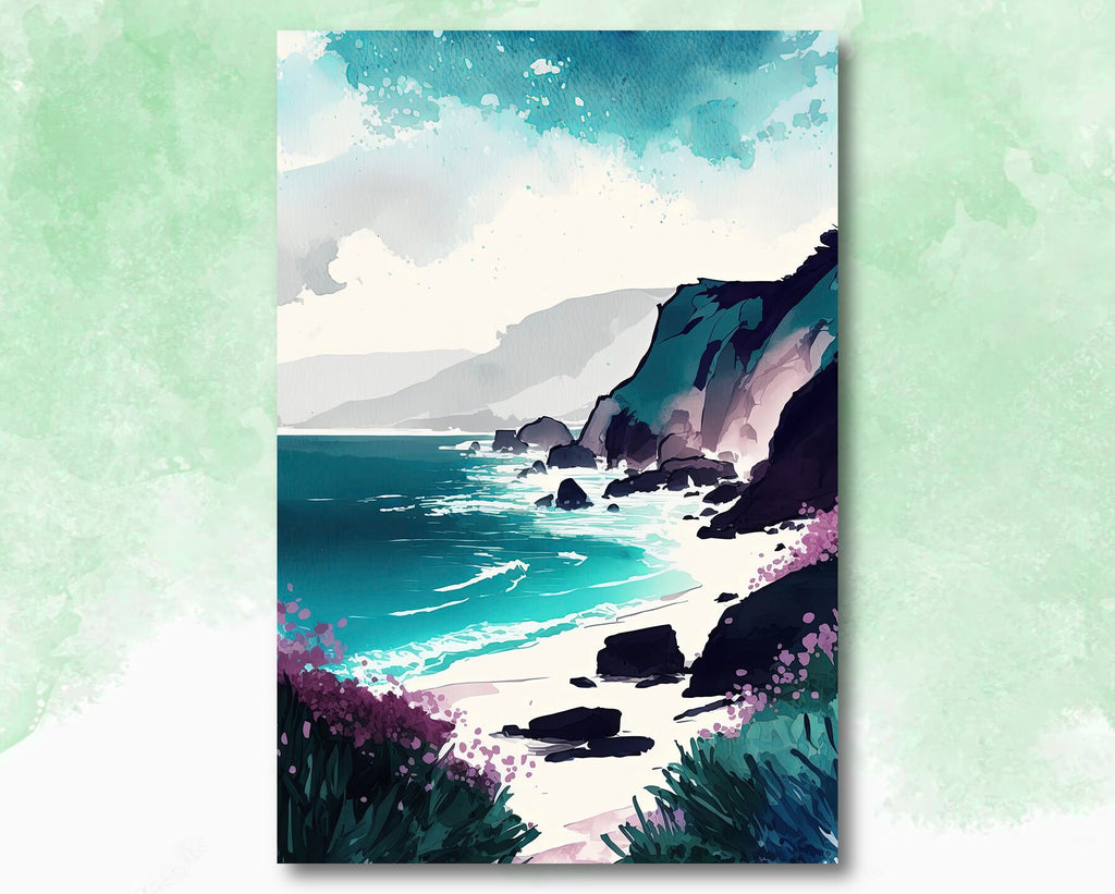 California Big Sur Beach Print Watercolor Ocean Wall Art Tropical Nature Gift Coastal Landscape Home Decor