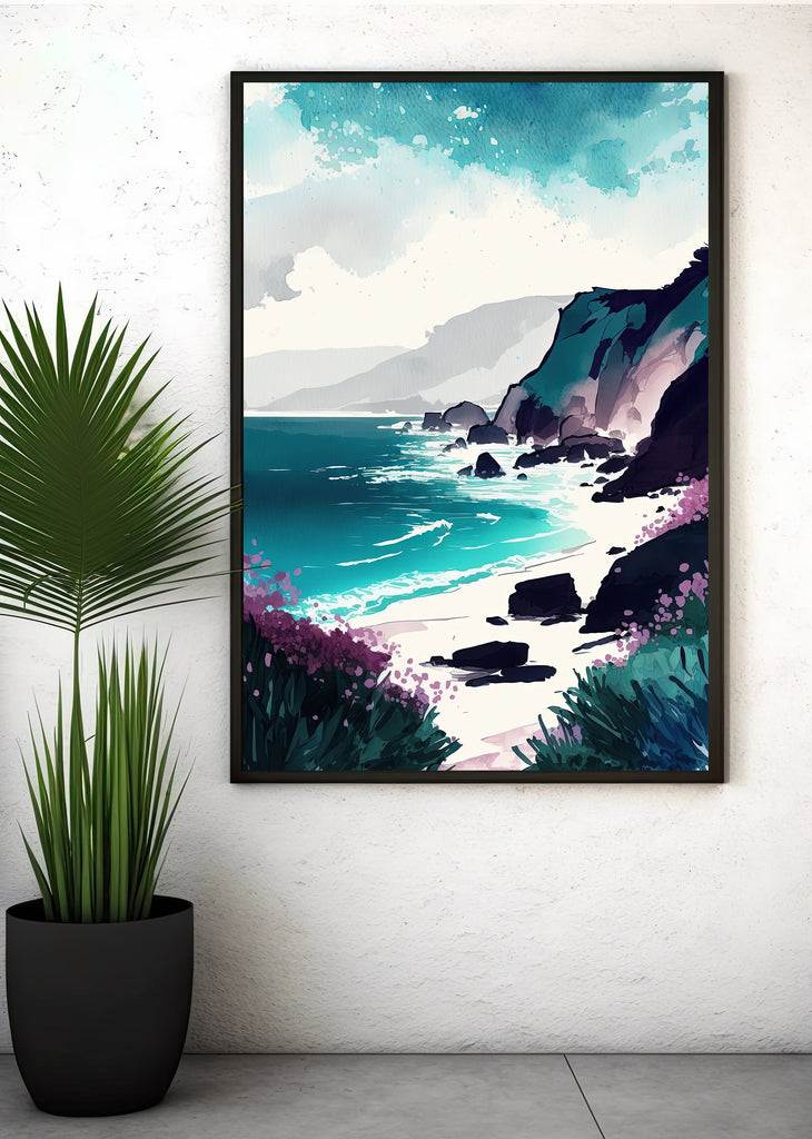 California Big Sur Beach Print Watercolor Ocean Wall Art Tropical Nature Gift Coastal Landscape Home Decor