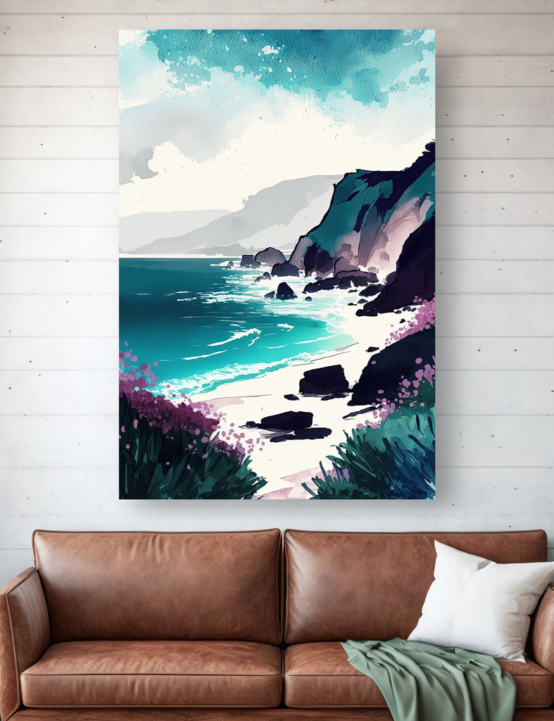 California Big Sur Beach Print Watercolor Ocean Wall Art Tropical Nature Gift Coastal Landscape Home Decor