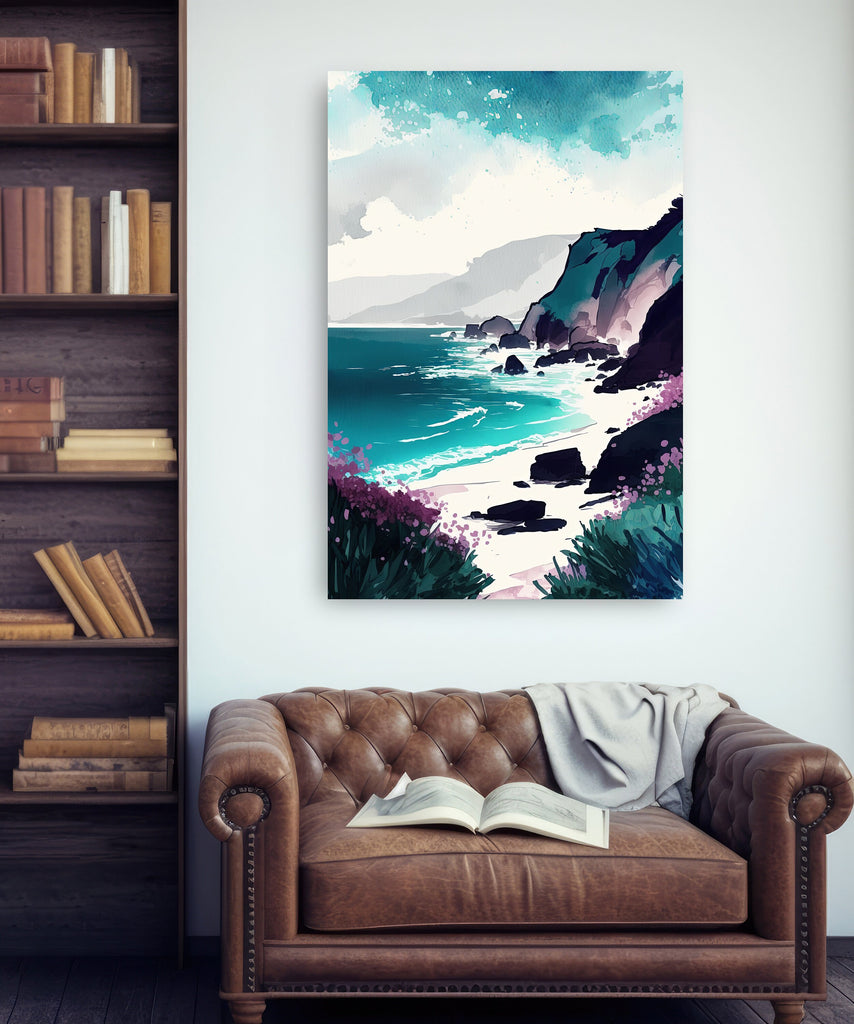 California Big Sur Beach Print Watercolor Ocean Wall Art Tropical Nature Gift Coastal Landscape Home Decor