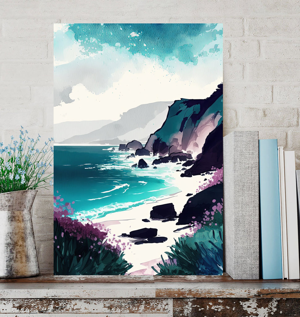 California Big Sur Beach Print Watercolor Ocean Wall Art Tropical Nature Gift Coastal Landscape Home Decor