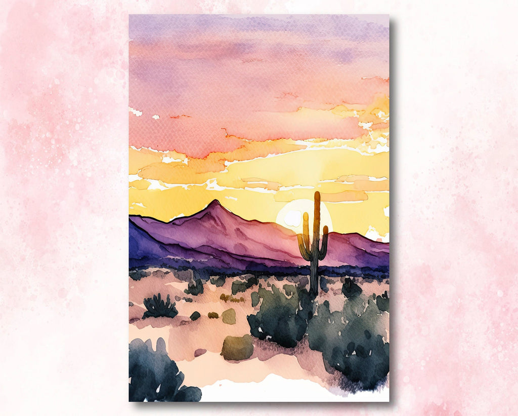 Desert Cactus Sunset Print Colorful Minimalist Watercolor Wall Art Southwest Landscape Gift Saguaro Beautiful Nature Home Decor