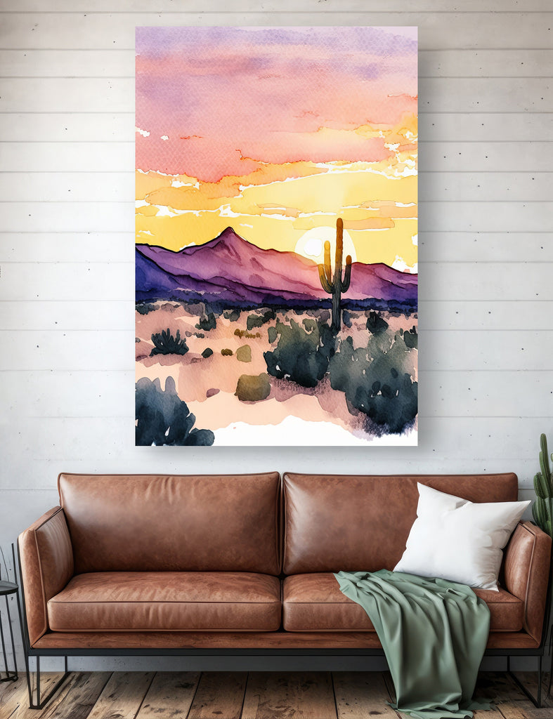 Desert Cactus Sunset Print Colorful Minimalist Watercolor Wall Art Southwest Landscape Gift Saguaro Beautiful Nature Home Decor