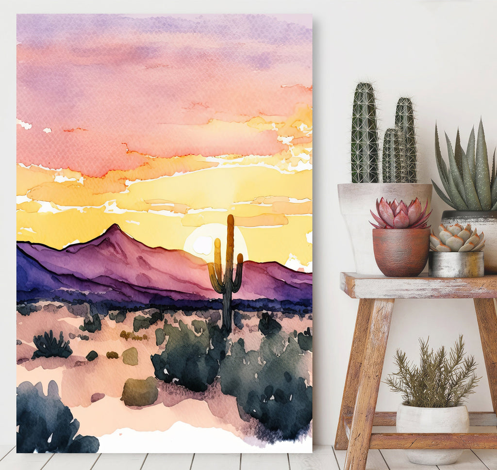 Desert Cactus Sunset Print Colorful Minimalist Watercolor Wall Art Southwest Landscape Gift Saguaro Beautiful Nature Home Decor