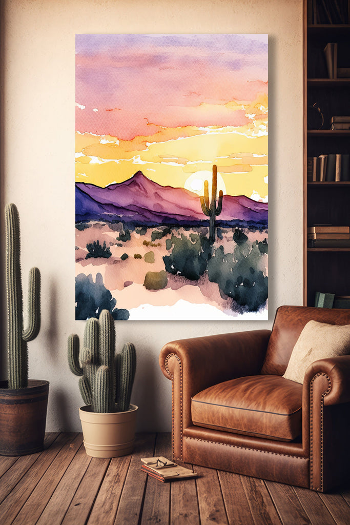 Desert Cactus Sunset Print Colorful Minimalist Watercolor Wall Art Southwest Landscape Gift Saguaro Beautiful Nature Home Decor