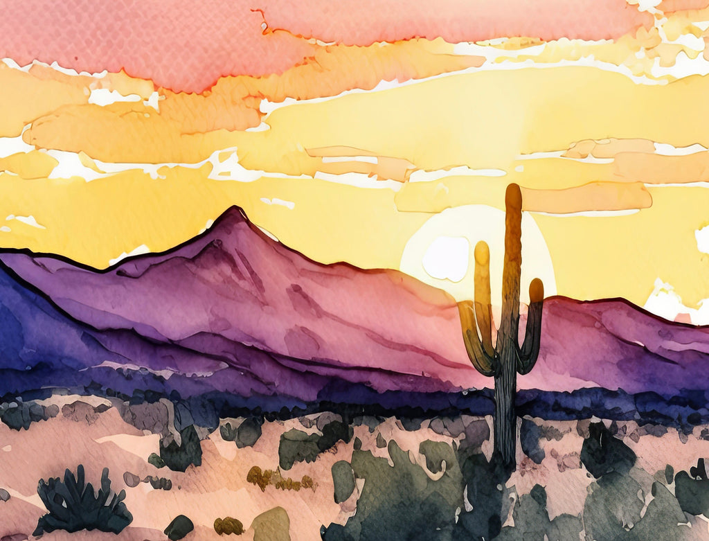 Desert Cactus Sunset Print Colorful Minimalist Watercolor Wall Art Southwest Landscape Gift Saguaro Beautiful Nature Home Decor