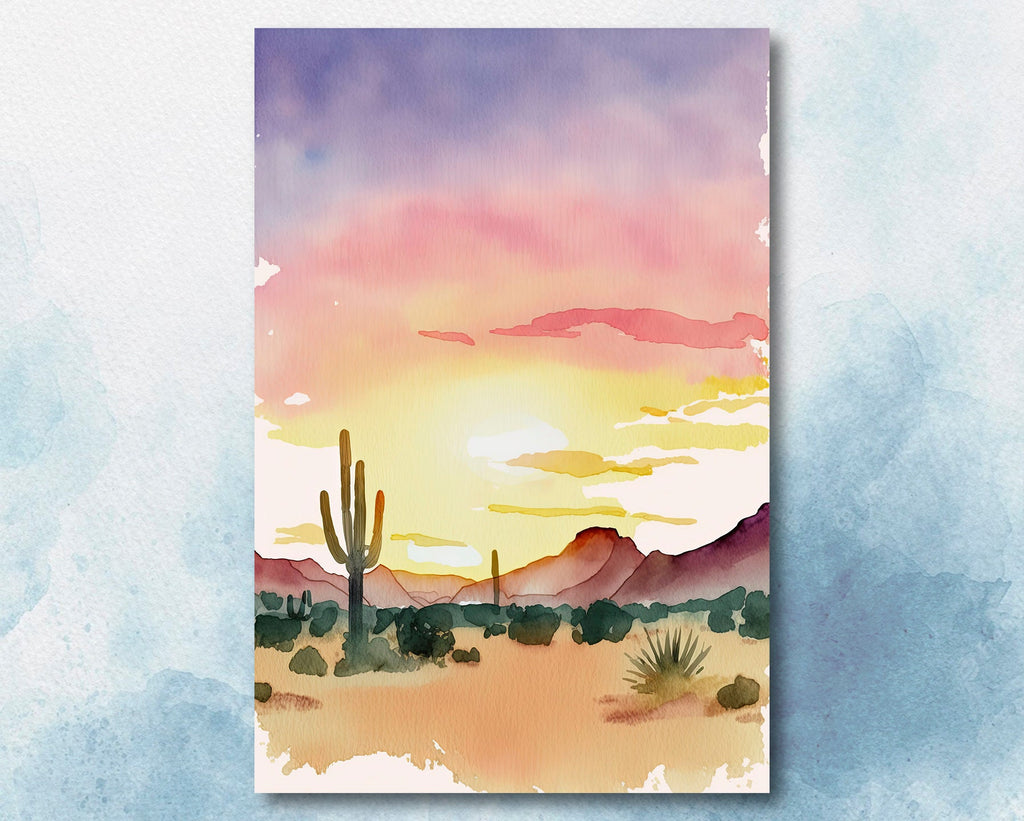 Desert Cactus Sunset Print Colorful Minimalist Watercolor Wall Art Southwest Landscape Gift Saguaro Beautiful Nature Home Decor