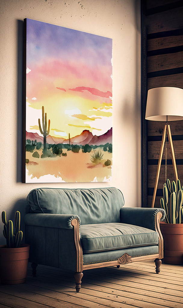 Desert Cactus Sunset Print Colorful Minimalist Watercolor Wall Art Southwest Landscape Gift Saguaro Beautiful Nature Home Decor