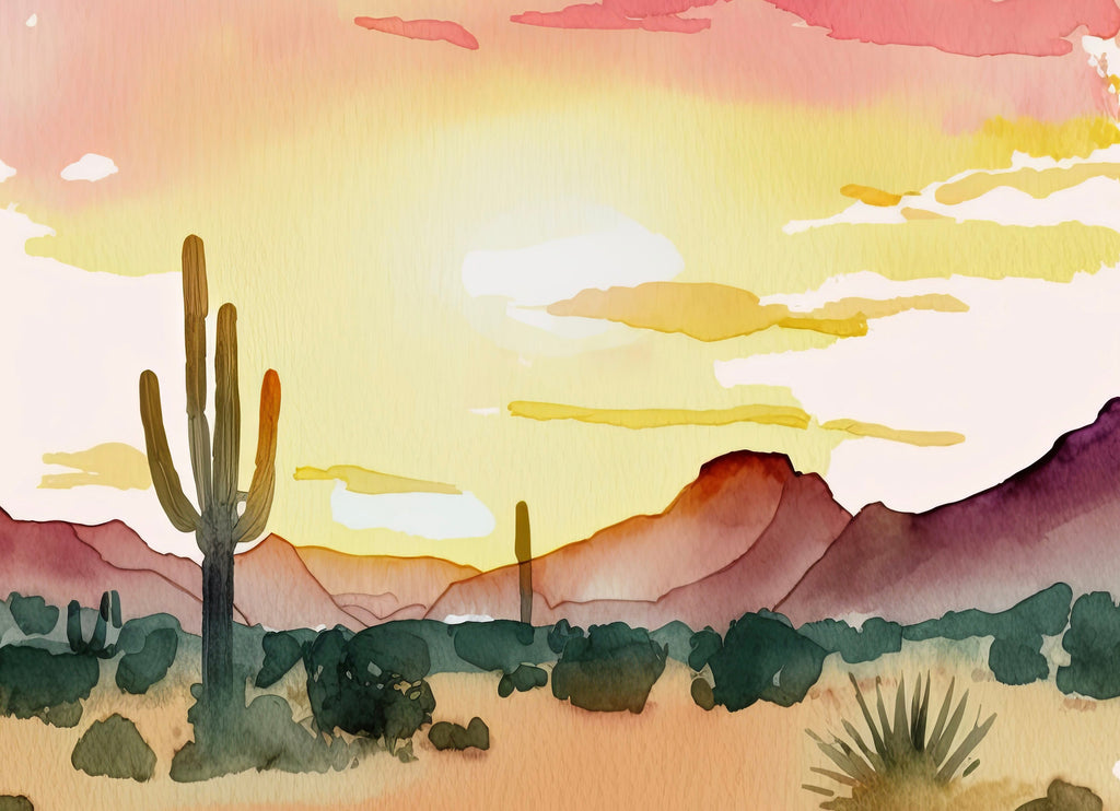 Desert Cactus Sunset Print Colorful Minimalist Watercolor Wall Art Southwest Landscape Gift Saguaro Beautiful Nature Home Decor