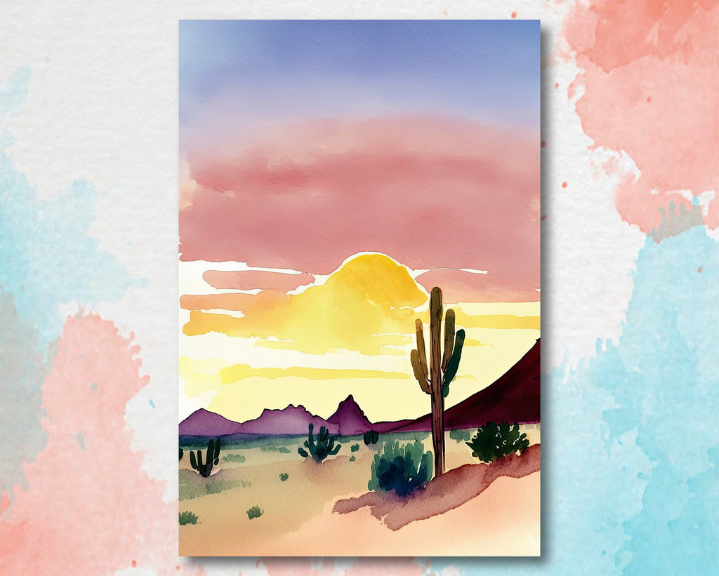 Desert Cactus Sunset Print Colorful Minimalist Watercolor Wall Art Southwest Landscape Gift Saguaro Beautiful Nature Home Decor