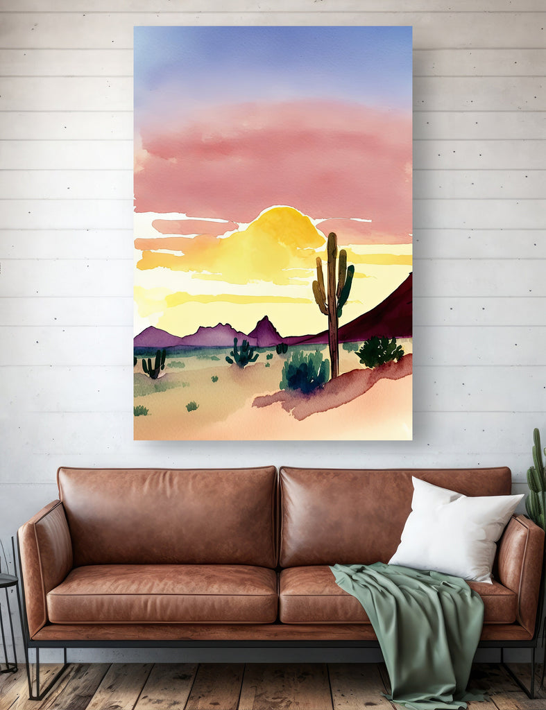 Desert Cactus Sunset Print Colorful Minimalist Watercolor Wall Art Southwest Landscape Gift Saguaro Beautiful Nature Home Decor