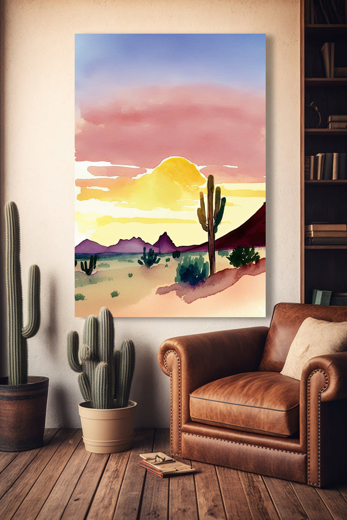 Desert Cactus Sunset Print Colorful Minimalist Watercolor Wall Art Southwest Landscape Gift Saguaro Beautiful Nature Home Decor