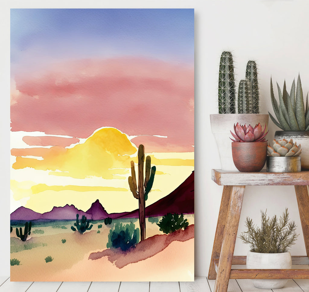 Desert Cactus Sunset Print Colorful Minimalist Watercolor Wall Art Southwest Landscape Gift Saguaro Beautiful Nature Home Decor