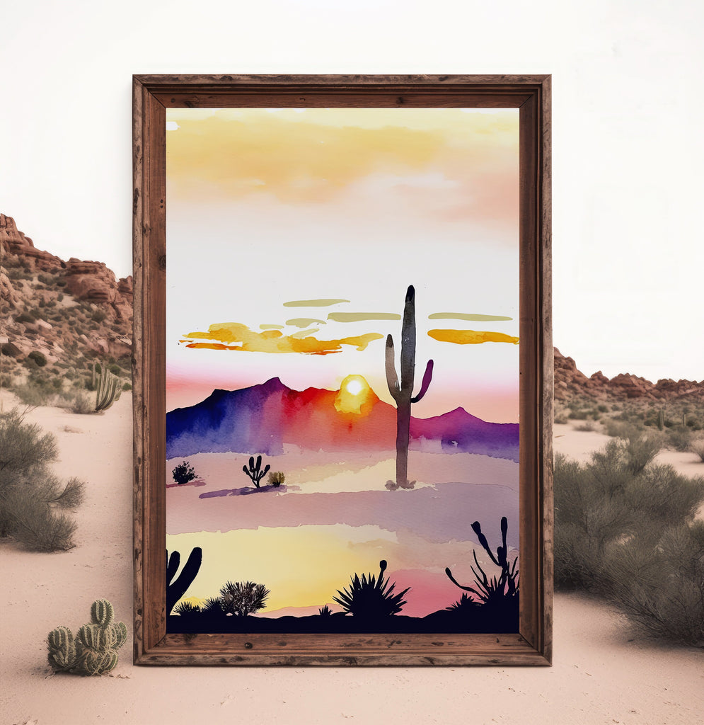 Desert Cactus Sunset Print Colorful Minimalist Watercolor Wall Art Southwest Landscape Gift Saguaro Beautiful Nature Home Decor