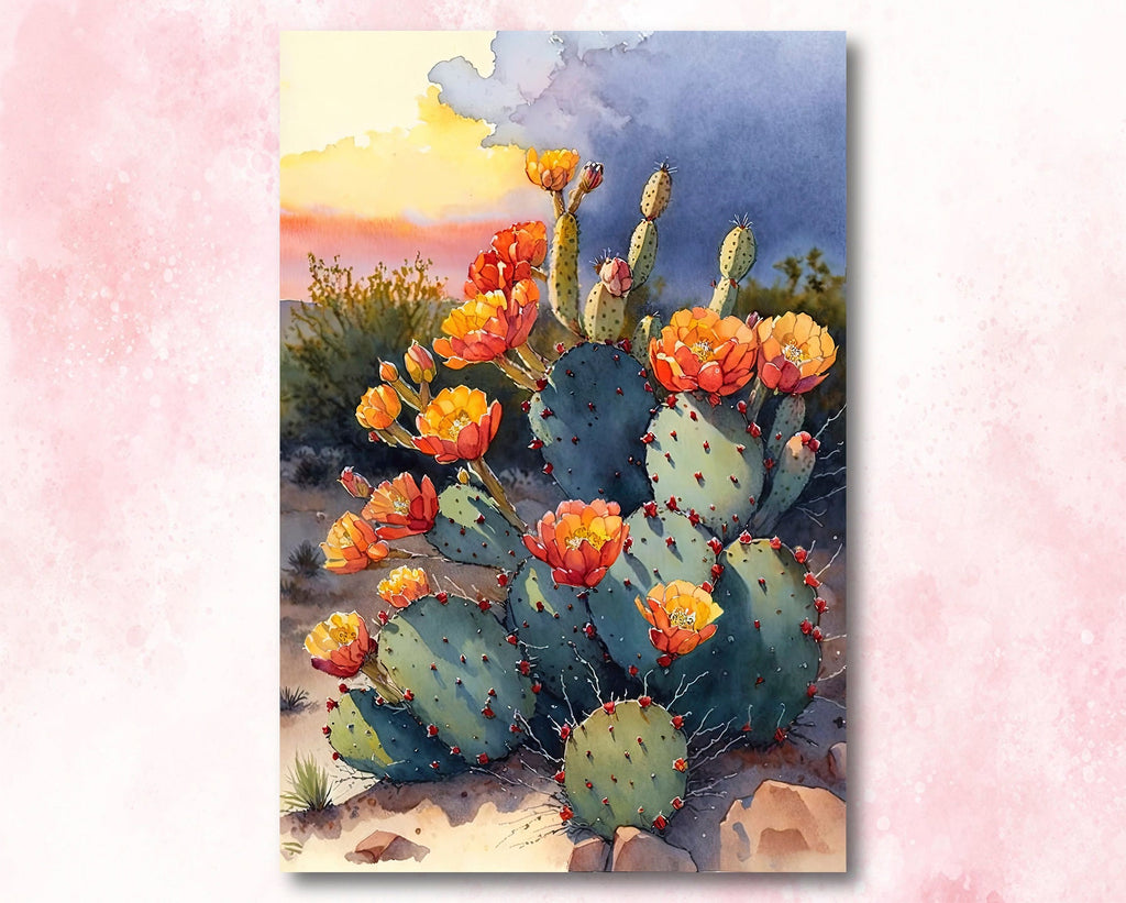 Flower Prickly Pear Cactus Sunset Art Print Watercolor Botanical Desert Wall Art Nature Inspired Sonoran Art Southwest Western Decor