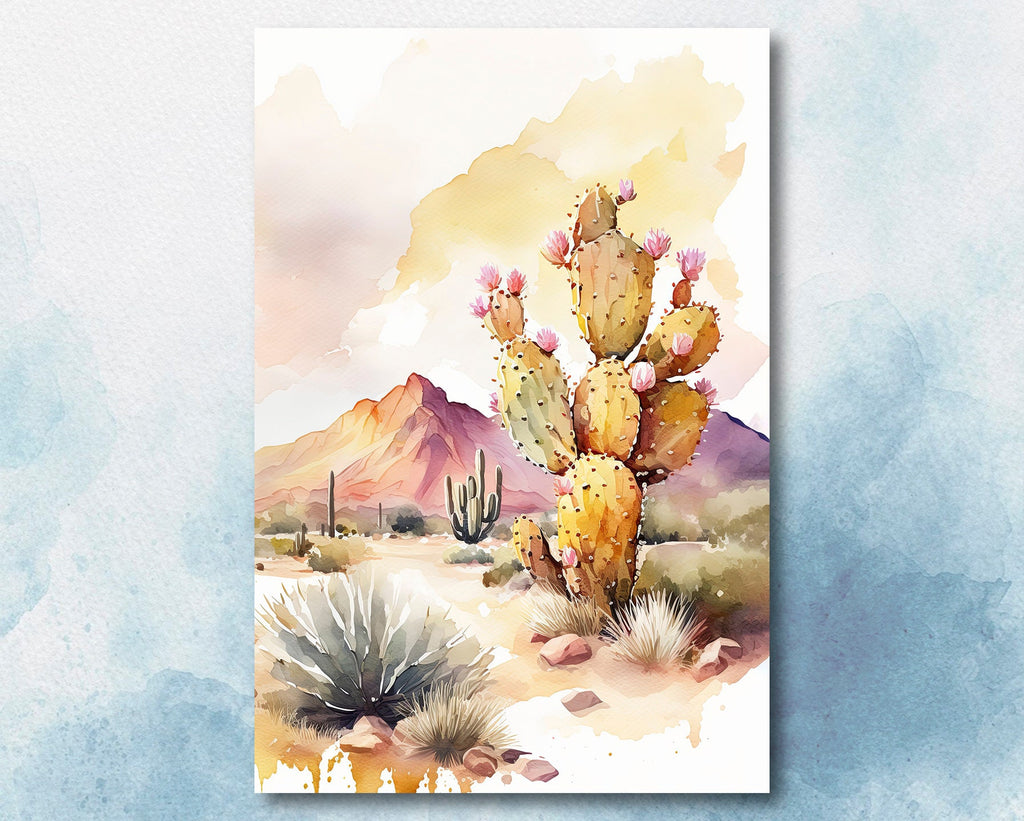 Flower Prickly Pear Cactus Sunset Art Print Watercolor Botanical Desert Wall Art Nature Inspired Sonoran Art Southwest Western Decor