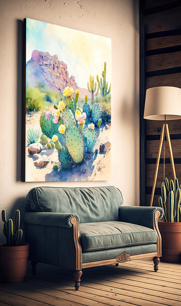 Flower Prickly Pear Cactus Sunset Art Print Watercolor Botanical Desert Wall Art Nature Inspired Sonoran Art Southwest Western Decor