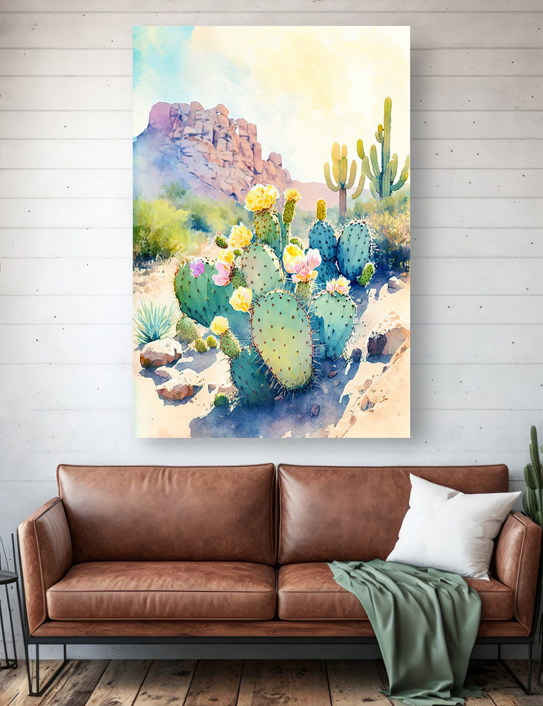 Flower Prickly Pear Cactus Sunset Art Print Watercolor Botanical Desert Wall Art Nature Inspired Sonoran Art Southwest Western Decor