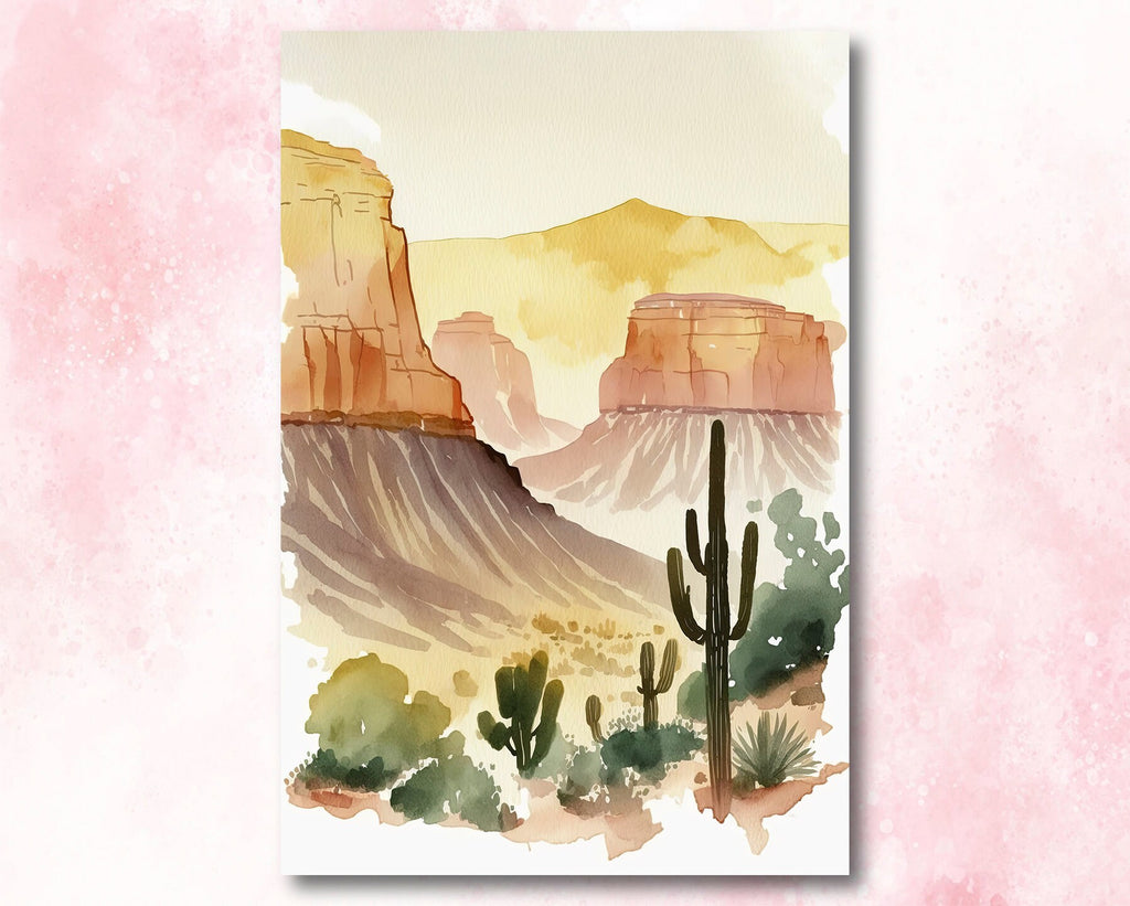 Saguaro Cactus Desert Landscape Minimalist Watercolor Print Colorful Wall Art Southwest Gift Beautiful Nature Home Decor