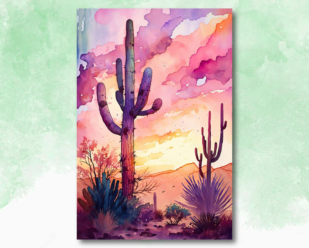 Desert Cactus Sunset Print Colorful Watercolor Wall Art Southwest Landscape Gift Saguaro Beautiful Nature Home Decor