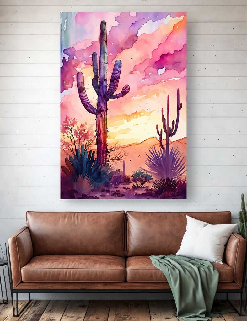 Desert Cactus Sunset Print Colorful Watercolor Wall Art Southwest Landscape Gift Saguaro Beautiful Nature Home Decor