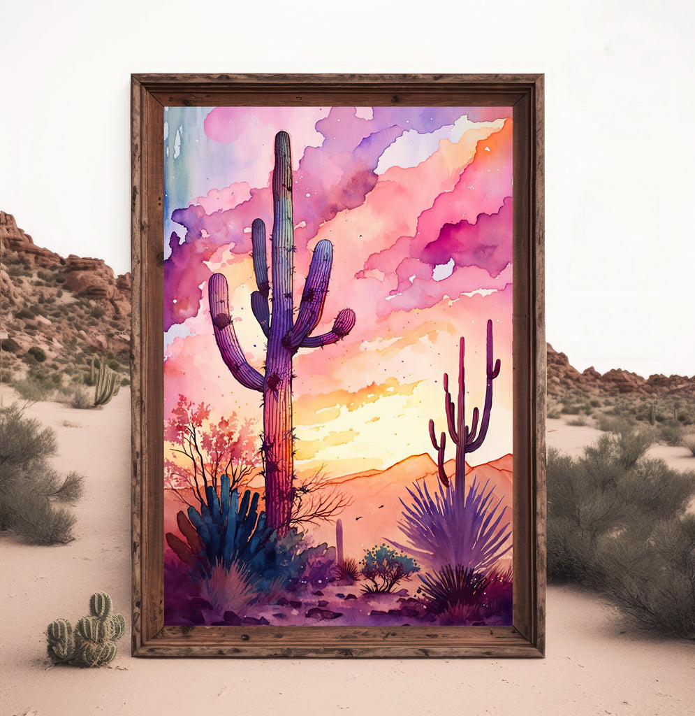 Desert Cactus Sunset Print Colorful Watercolor Wall Art Southwest Landscape Gift Saguaro Beautiful Nature Home Decor