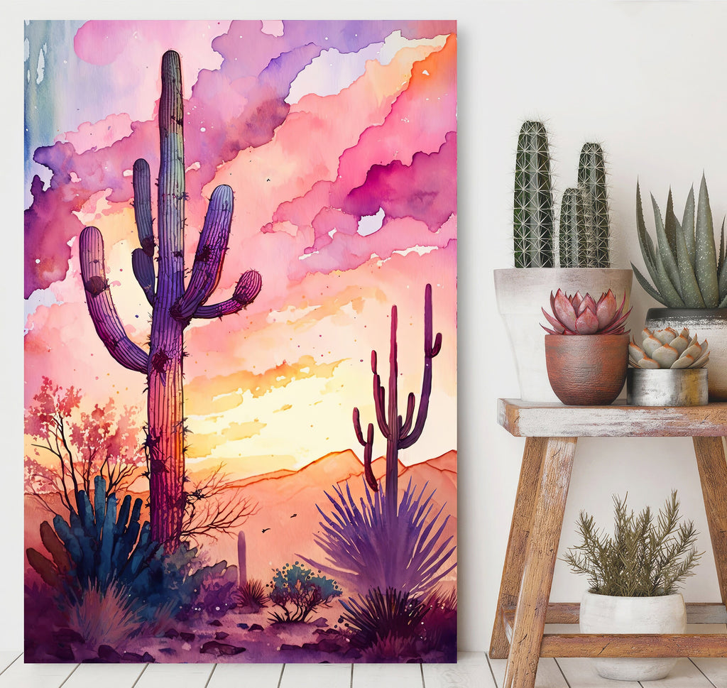 Desert Cactus Sunset Print Colorful Watercolor Wall Art Southwest Landscape Gift Saguaro Beautiful Nature Home Decor