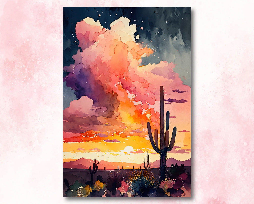 Desert Cactus Sunset Print Colorful Watercolor Wall Art Southwest Landscape Gift Saguaro Beautiful Nature Home Decor