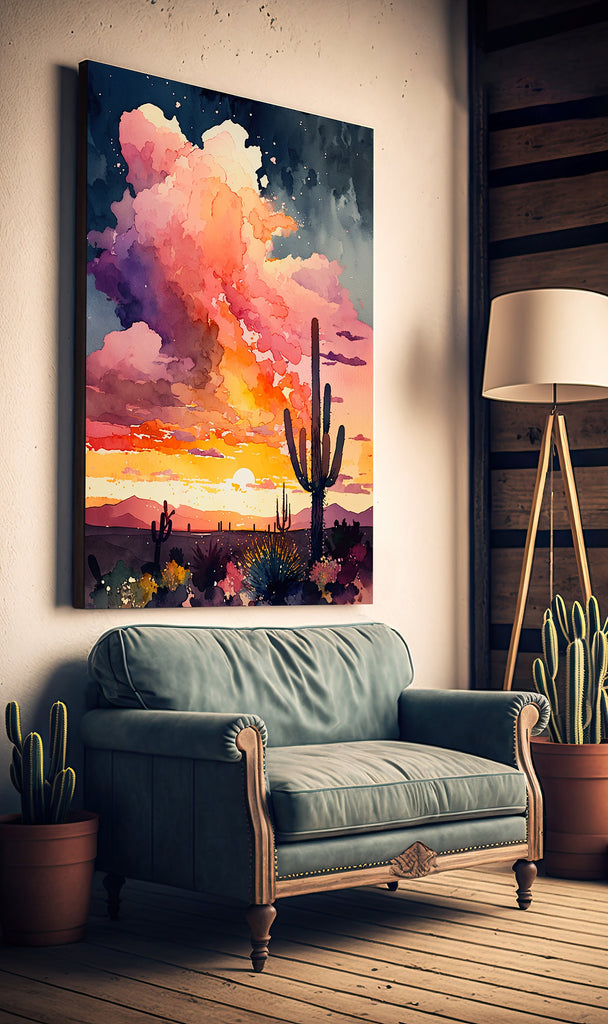 Desert Cactus Sunset Print Colorful Watercolor Wall Art Southwest Landscape Gift Saguaro Beautiful Nature Home Decor