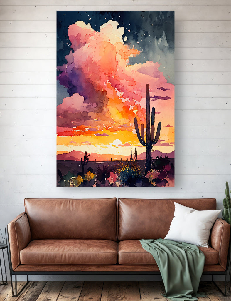 Desert Cactus Sunset Print Colorful Watercolor Wall Art Southwest Landscape Gift Saguaro Beautiful Nature Home Decor