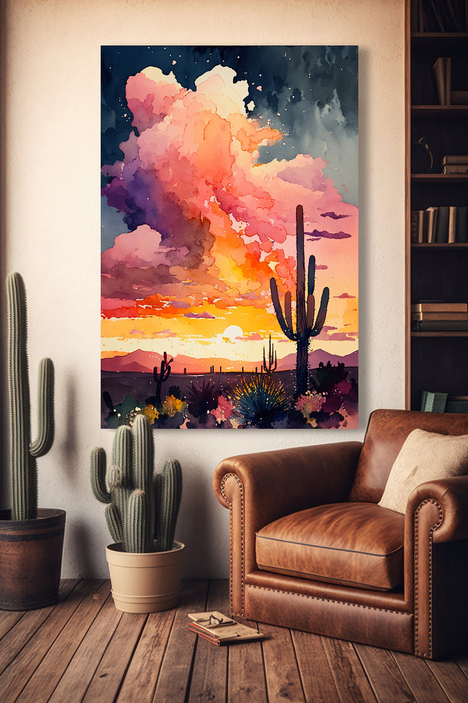 Desert Cactus Sunset Print Colorful Watercolor Wall Art Southwest Landscape Gift Saguaro Beautiful Nature Home Decor