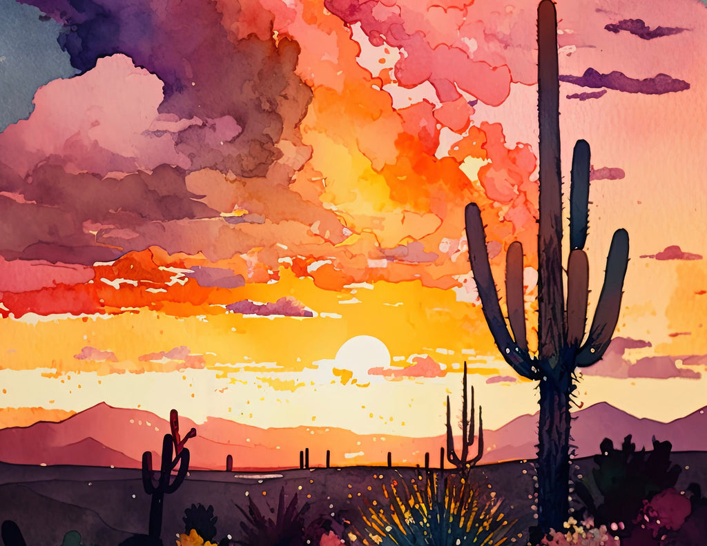 Desert Cactus Sunset Print Colorful Watercolor Wall Art Southwest Landscape Gift Saguaro Beautiful Nature Home Decor