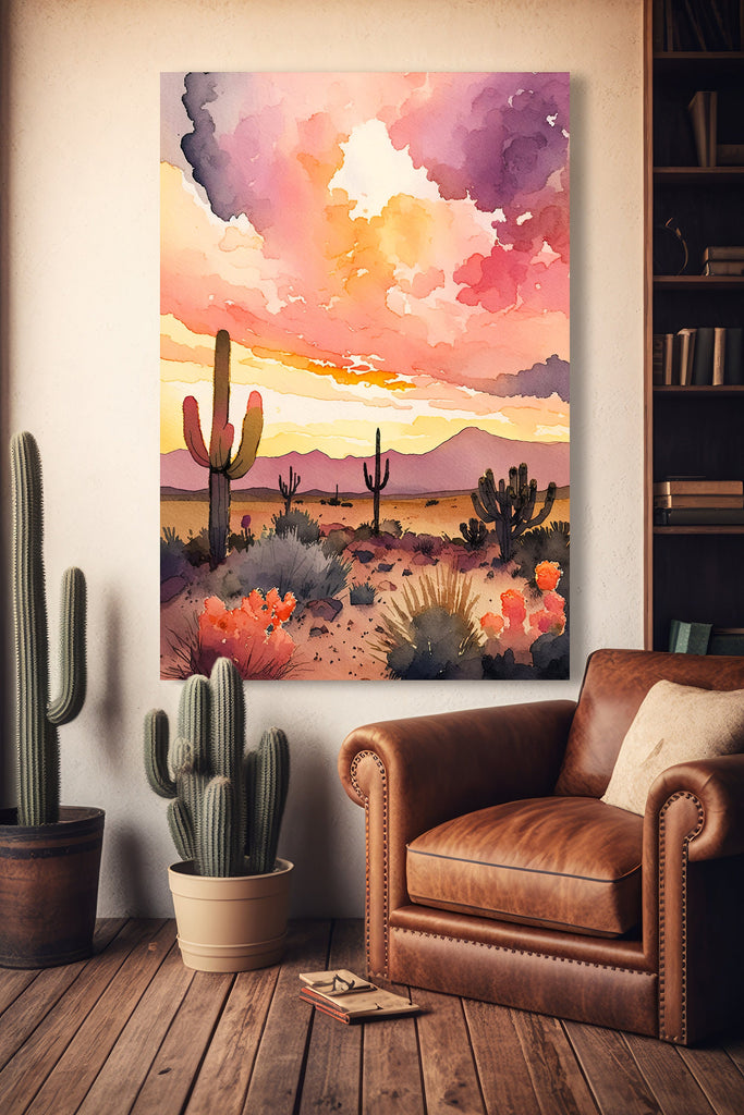 Desert Cactus Sunset Print Colorful Watercolor Wall Art Southwest Landscape Gift Saguaro Beautiful Nature Home Decor