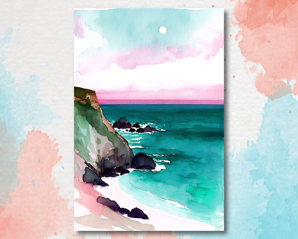 California Big Sur Beach Sunset Art Print Watercolor Ocean Wall Art Coastal Landscape Painting Gift Beach House Decor