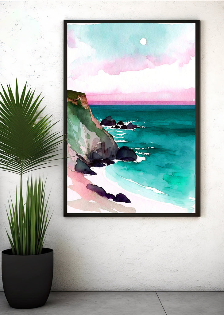 California Big Sur Beach Sunset Art Print Watercolor Ocean Wall Art Coastal Landscape Painting Gift Beach House Decor