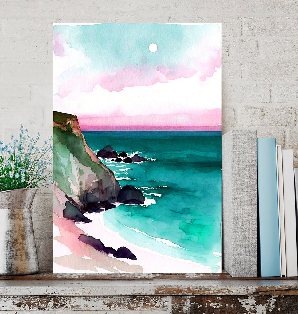 California Big Sur Beach Sunset Art Print Watercolor Ocean Wall Art Coastal Landscape Painting Gift Beach House Decor