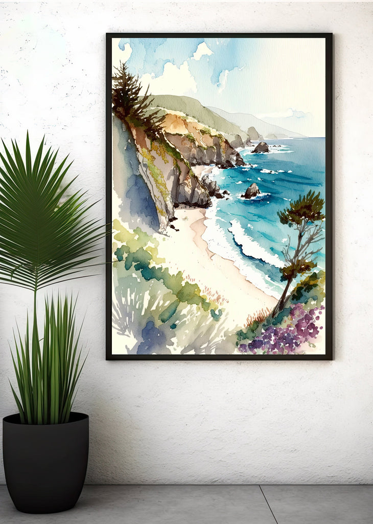 California Big Sur Beach Print Watercolor Ocean Wall Art Tropical Nature Gift Coastal Landscape Home Decor