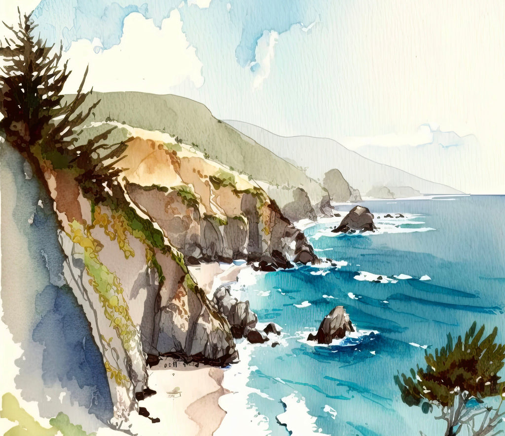 California Big Sur Beach Print Watercolor Ocean Wall Art Tropical Nature Gift Coastal Landscape Home Decor