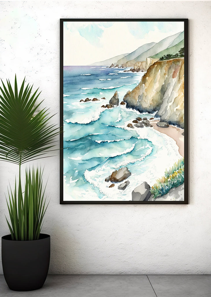 California Big Sur Beach Print Watercolor Ocean Wall Art Tropical Nature Gift Coastal Landscape Home Decor