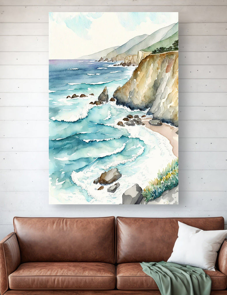 California Big Sur Beach Print Watercolor Ocean Wall Art Tropical Nature Gift Coastal Landscape Home Decor