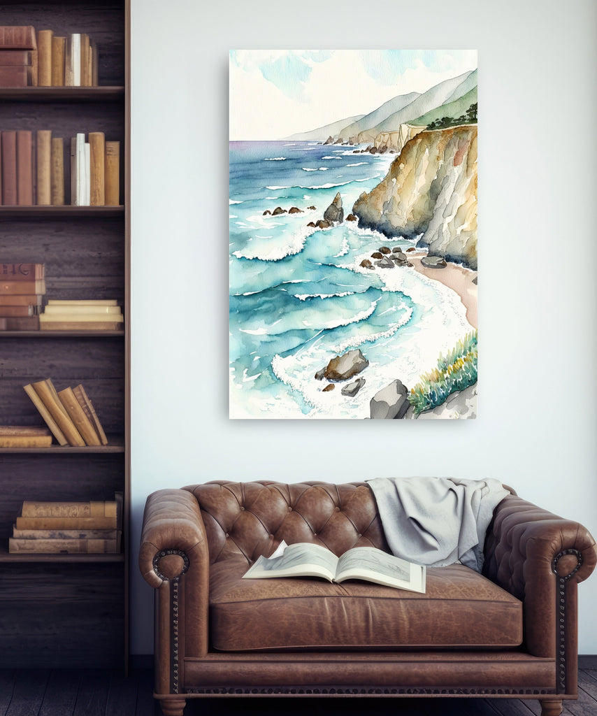 California Big Sur Beach Print Watercolor Ocean Wall Art Tropical Nature Gift Coastal Landscape Home Decor