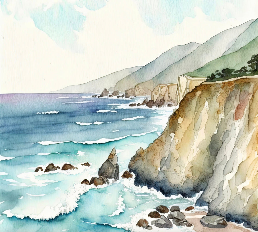 California Big Sur Beach Print Watercolor Ocean Wall Art Tropical Nature Gift Coastal Landscape Home Decor