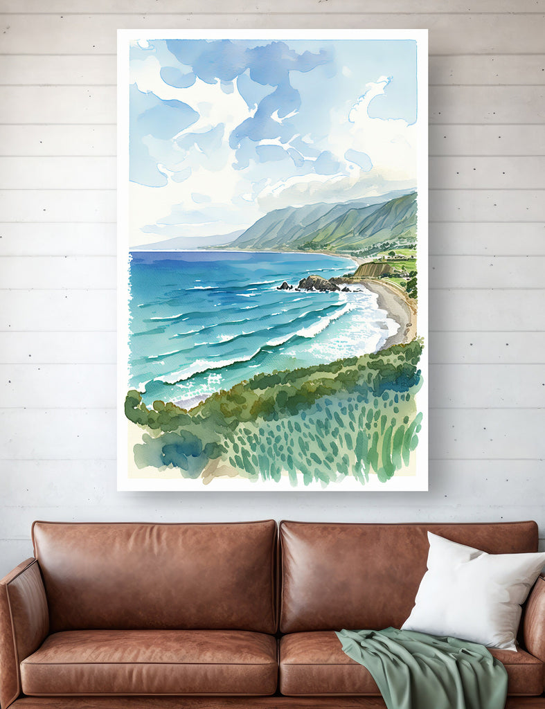 California Big Sur Beach Print Watercolor Ocean Wall Art Tropical Nature Gift Coastal Landscape Home Decor